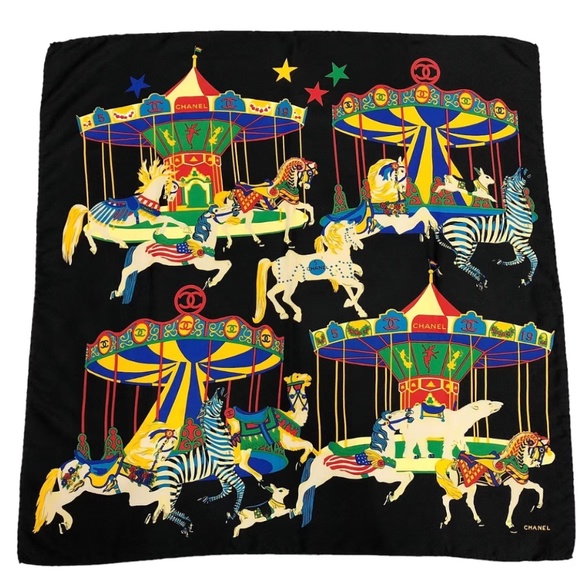 CHANEL Accessories - Chanel Vintage Carousel Print Silk Scarf – Black & Multicolor